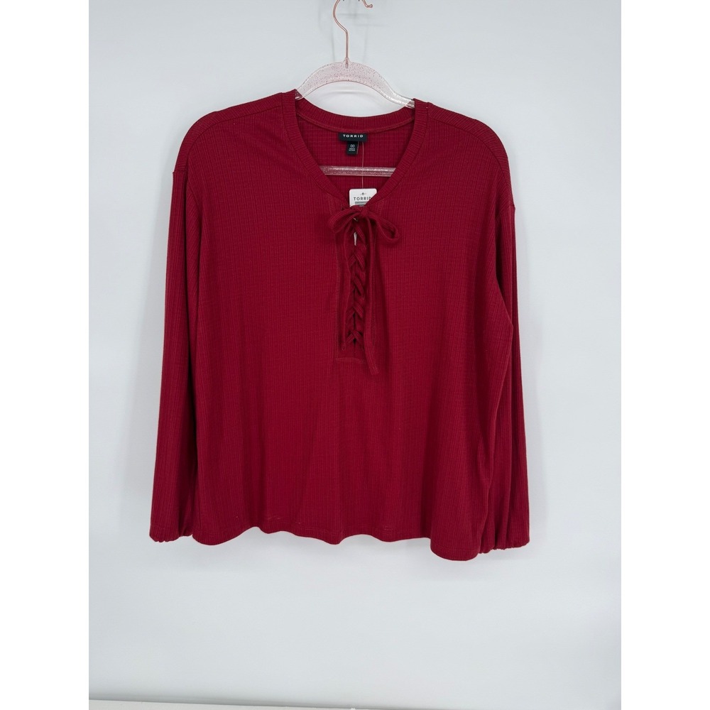 Torrid Women's Plus Sz Top Long Sleeve Lace-Up Knit Jersey Red Sz 00 Retail $45
